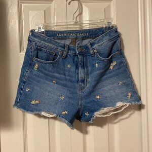 American Eagle Flower Embroidered High Rise Mom Jean Shorts